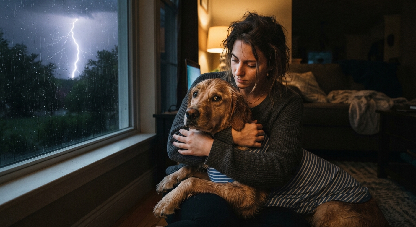 Dog receiving comfort during storm
