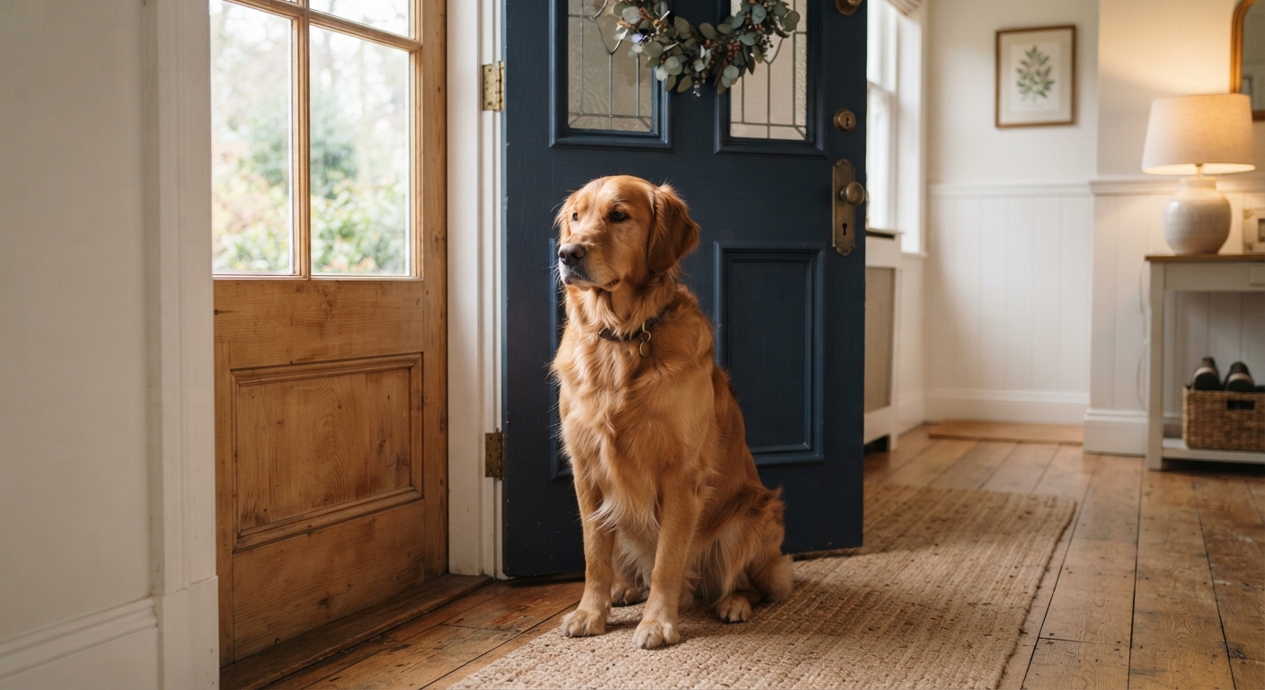 Calm dog sitting near door
