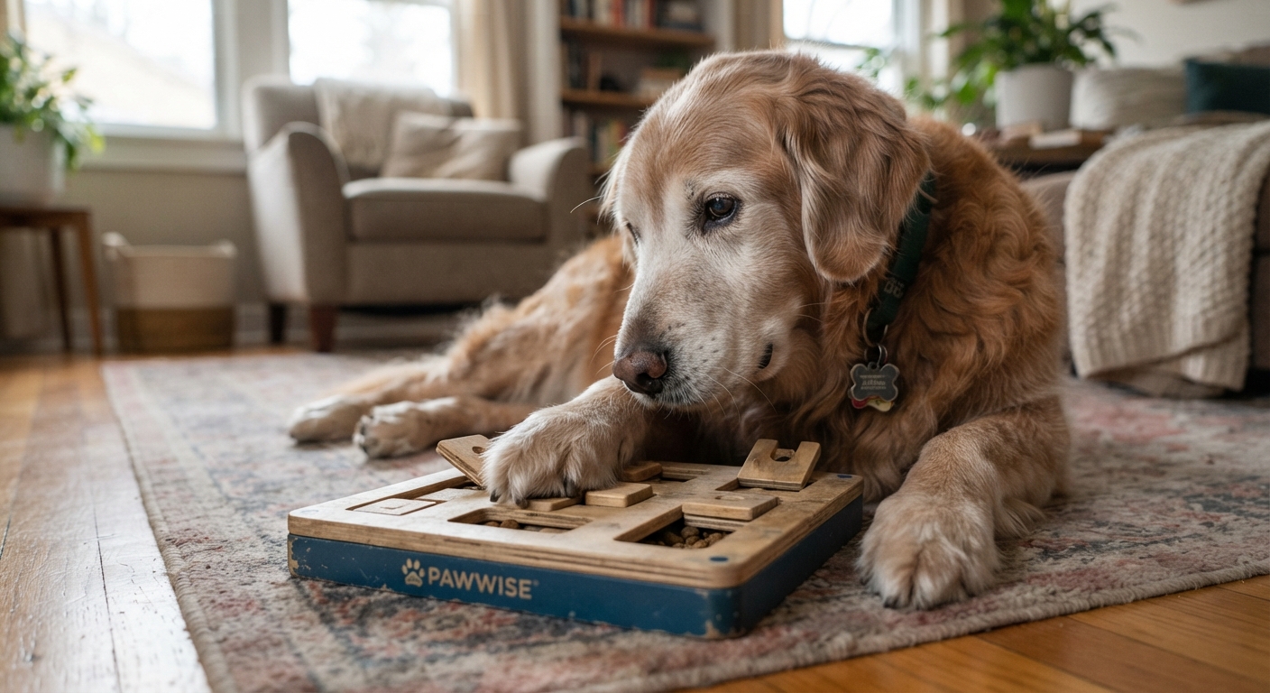 Senior dog interacting with a puzzle toy